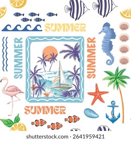 Sailboat, palms, sea wave, hibiscus flower in the frame, flamingo, fish, anchor, starfish, lemon, shell, sea horse seamless pattern. Summer patchwork print. 