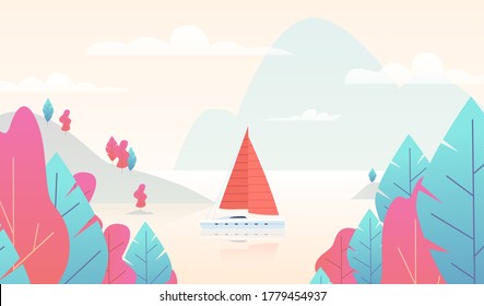 Sailboat panorama with pond. Mountain nature scene with boat and lake, paradise background with pink and blue trees, mountains and sea, exotic resort summer vacation. Flat vector cartoon illustration