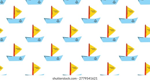 Sailboat Pattern. Children Drawing of vessel. Seamless print doodle Boat with Sail. Sea transport with Anchor for kids. Ship, watercraft. Wrapping, wallpaper, fabric. Color image. Vector illustration