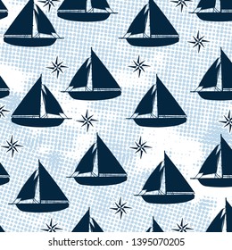 Sailboat pattern texture design, vector illustration. Sailing yachts  print for textile design
