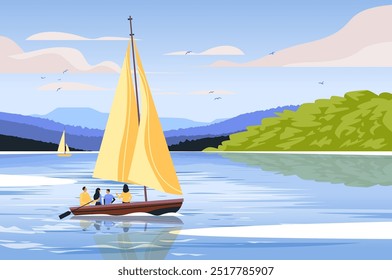 Sailboat with people on calm lake surrounded by mountains and trees under blue sky with clouds and birds