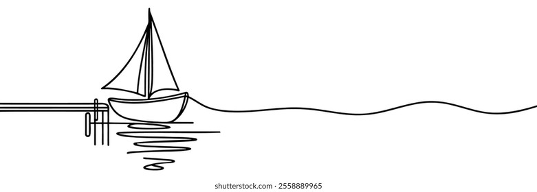 sailboat at the pier on the shore. Continuous line drawing. Illustration, vector