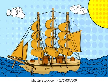 Sailboat or pirate ship on stormy sea - comic book style, cartoon vector illustration.