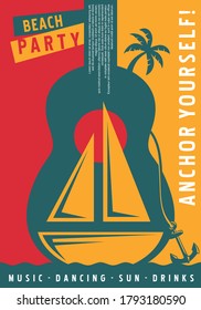 Diseño de afiches en velero con gran símbolo de guitarra azul. Ilustración vectorial de fiesta de verano.