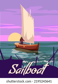 Sailboat poster retro, sailing ship on the ocean, sea, severe captain. Rock mountain seascape, sunset, north travel. Vector illustration vintage