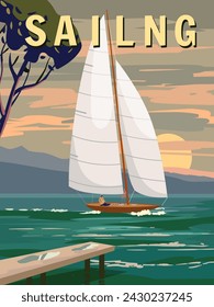 Sailboat poster retro, sailing yacht on the ocean, sea, coast, palms. Tropical cruise, summertime travel vacation. Vector illustration vintage