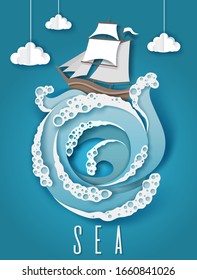 Sailboat and raging sea, white clouds, vector illustration in paper art craft style. Sailing ship over stormy wave. Sea tour, adventure composition in layered paper cut style.