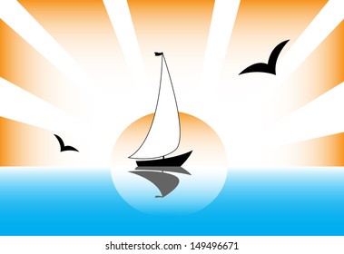 sailboat rays of the sun gulls sea landscape