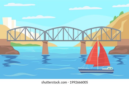 Barco de vela con lienzo rojo que navega bajo el puente. Ilustración vectorial de dibujos animados. Barco con velas rojas navegando en el puerto, mar tranquilo, ciudad en segundo plano. Naturaleza, arquitectura, navegación, concepto de envío