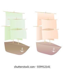 Sailboat red and green. On a white background. Anchor.