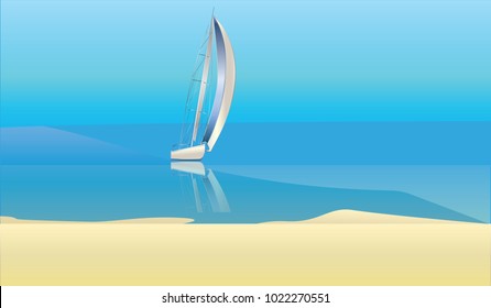 Sailboat with reflection in blue sea and sandy beach - vector art illustration