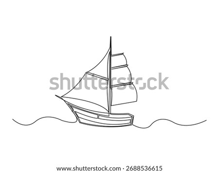 Sailboat in the river in single outline illustration. Continuous line art drawing of sailboat in the river. Editable stroke.
