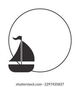 Sailboat with round frame. Silhouette vector illustration.