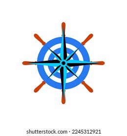Rodeador de velero y logotipo de la brújula de navegación. Dentro del círculo azul se encuentra el símbolo del mundo marino y de los exploradores oceánicos