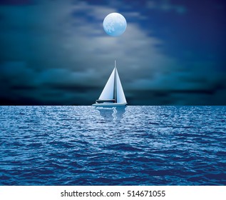 sailboat sail on blue sea ocean horizon, vector background, sailing  illustration, night moonlight sailing