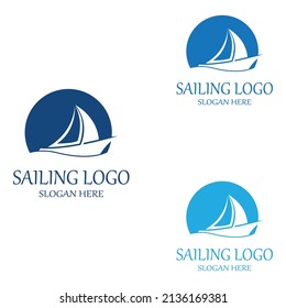 Logotipo de velero o barco de vela con ondas de ondas, mediante el concepto de diseño vectorial