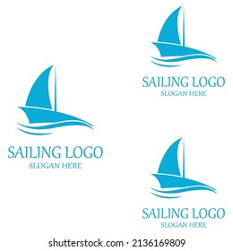 Logotipo de velero o barco de vela con ondas de ondas, mediante el concepto de diseño vectorial