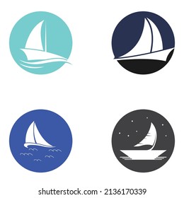 Logotipo de velero o barco de vela con ondas de ondas, mediante el concepto de diseño vectorial