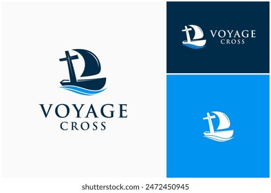 Sailboat Sailing Boat Voyage Wave Cross Jesus Christ Church Worship Vector Logo Design Illustration