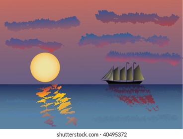 Sailboat sailing at horizon wit sun goes down