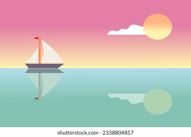 A sailboat sailing in the middle of the sea in front of the full moon vector illustration. Beautiful sea background landscape.