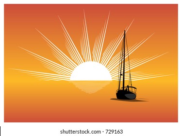 Sailboat sailing off into the sun (Vectors 26)
