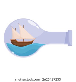 Sailboat sailing on blue ocean waves inside a glass bottle, concept of travel and adventure