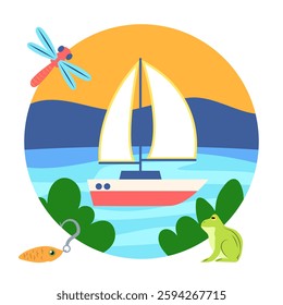 Sailboat sailing on a lake at sunset, with dragonfly, frog and fishing lure, perfect for summer holiday themes
