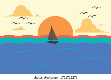 Sailboat sailing on the ocean with birds at  sunset