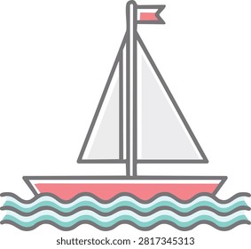 Sailboat sailing on ocean waves vector illustration with white sails and pink hull isolated on a white background.