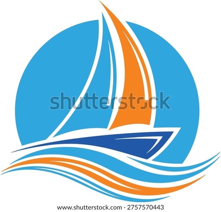 Sailboat sailing on ocean waves with blue and orange design