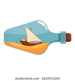 Sailboat sailing on sand dunes inside a glass bottle, symbolizing the concept of adventure and travel