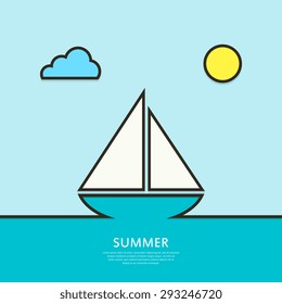 Sailboat sailing in the sea.  Abstract background. Outline. Vector illustration