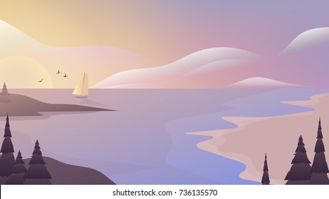 Sailboat sailing in the sea with beautiful sunset scenery landscape, purple and pink tones