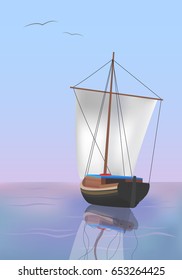 Sailboat sailing in the sea,waves on the water,reflection,sails raised, sails inflated.Wooden ship,boat. Dawn, in pink-and-blue the sky fly birds, gulls.Seascape.The time to travel.Vector illustration