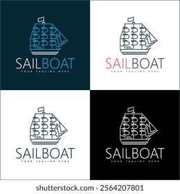 Sailboat sailing ship line art luxury logo set template design