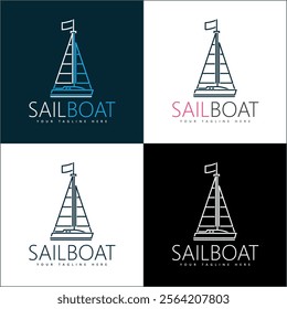 Sailboat sailing ship line art luxury logo set template design