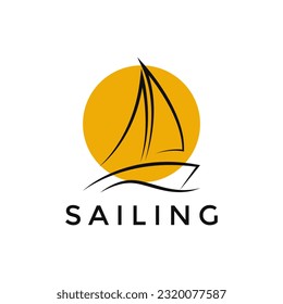 Sailboat Sailing Ship in Sea Ocean Wave With Sun Logo Design