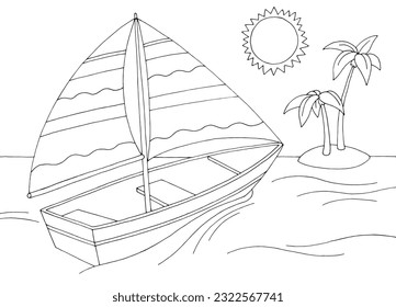 Sailboat is sailing towards the island graphic black white sea sketch illustration vector