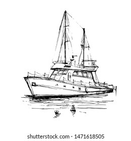 Sailboat, sailing yacht, ship, boat in the sea. Hand drawn line art sketch. Black and white doodle vector illustration, design for coloring book page