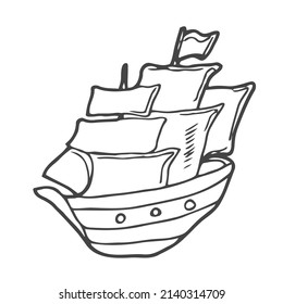 Sailboat, sailing yacht, ship, boat in the sea. Hand drawn line art sketch. Black and white doodle vector illustration, design for coloring book page