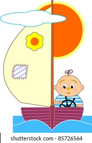 Sailboat and sailor boy - vector cartoon illustration.