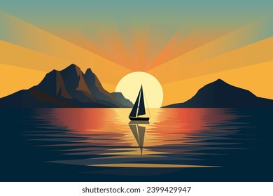 Sailboat sails against the backdrop of beautiful mountains and sunset. Simple flat vector illustration of a sailing yacht with beautiful mountains and sunset in the background.