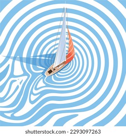 A sailboat sails in blue concentric circles