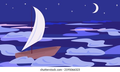 Sailboat sails in ocean at night by moon and starry sky. Acid trendy illustration with single boat. Vector metaphor of loneliness and search for place in world