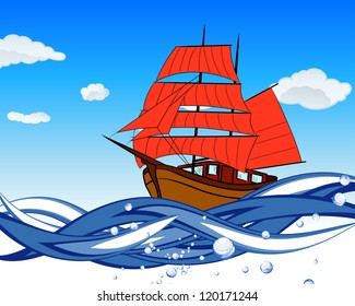 Sailboat with scarlet sail in a waves. EPS 8 vector illustration.