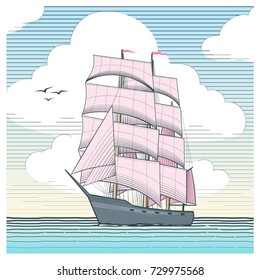 Sailboat with scarlet sails against the background of a cloudy sky. Hand drawn vintage background. Vector Illustration.