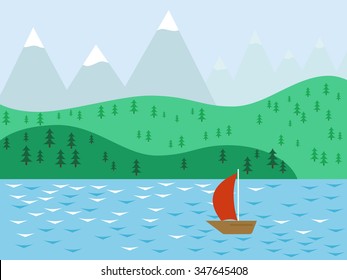Sailboat with scarlet sails on a background of mountains.