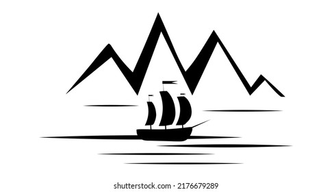 Sailboat in the sea against the backdrop of mountains. Black vector silhouette.
