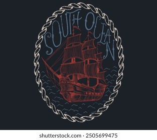 Sailboat in the sea, Sea captain. Vintage ship hand sketch for apparel, stickers, posters and background. Summer adventure artwork.